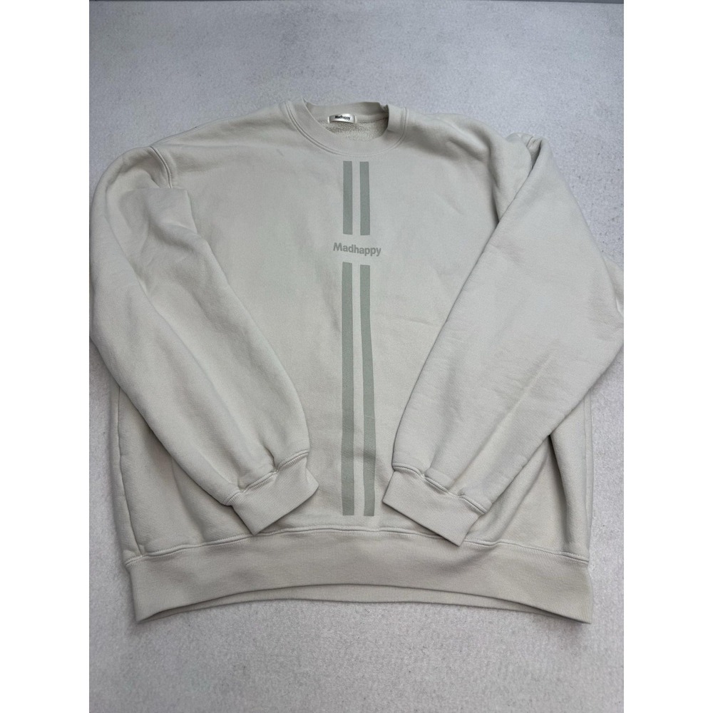 Madhappy Sweatshirt Mens Large Beige Fleece Crewneck Stripe Logo Pullover‎